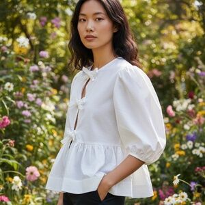 White Poplin Front-Tie Peplum Blouse with Puffed-Sleeve